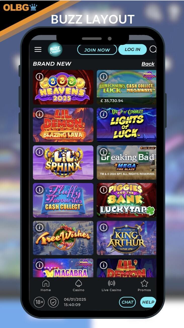 A mobile view of the Buzz Casino homepage