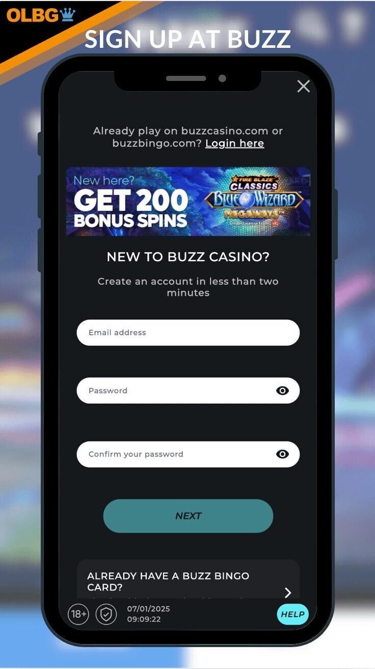 Account sign up page at Buzz Casino