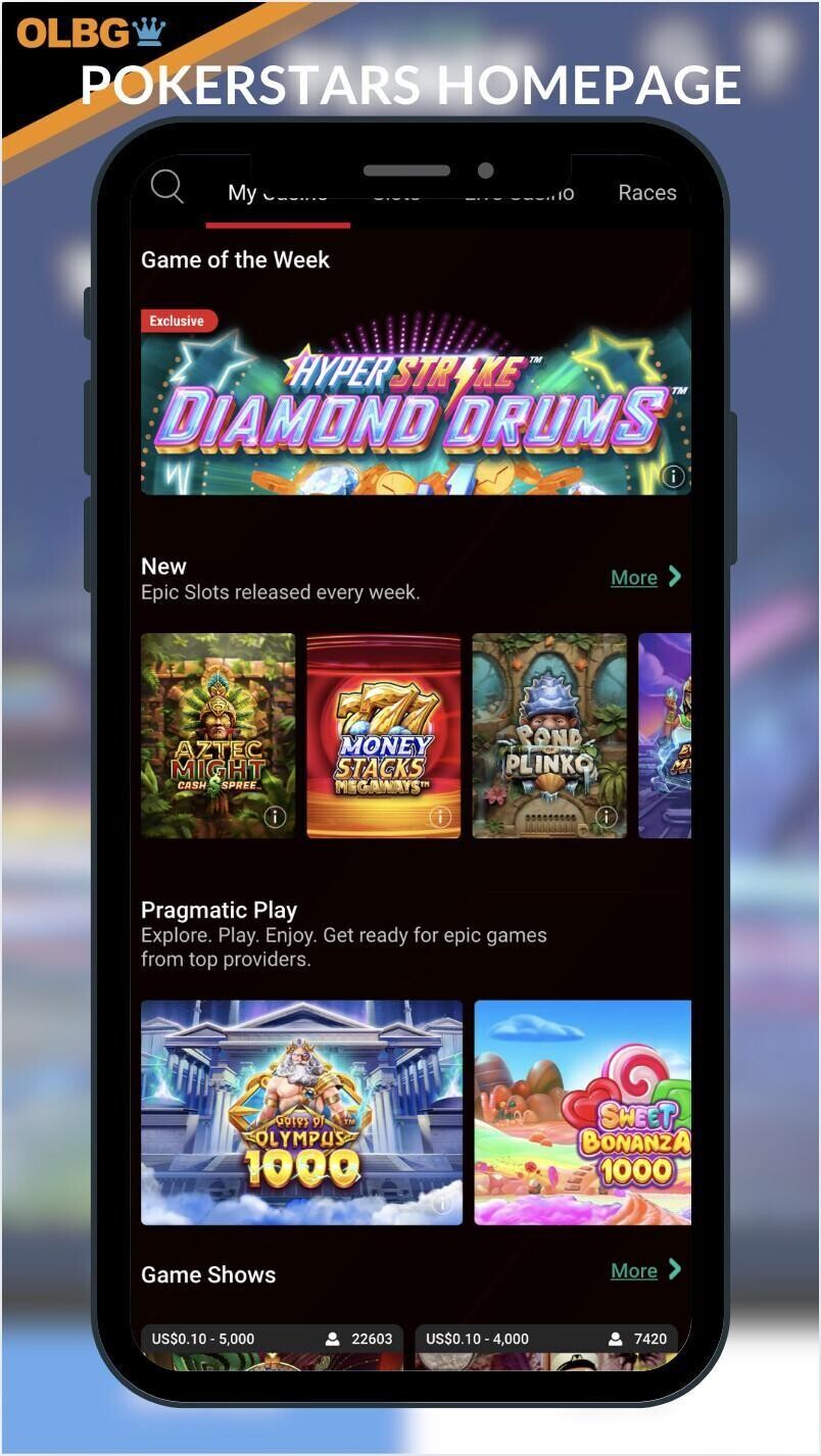 The PokerStars homepage layout