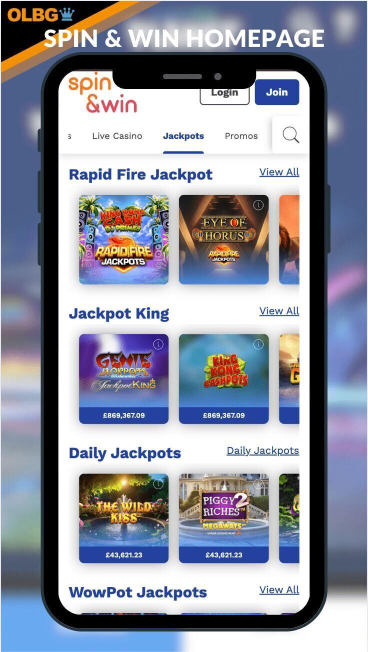 The Spin and Win Casino homepage layout
