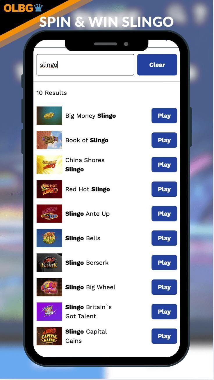Slingo games menu at Spin and Win