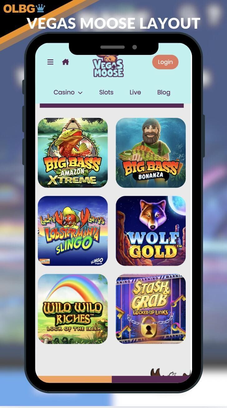 Vegas Moose Casino's homepage layout captured on mobile