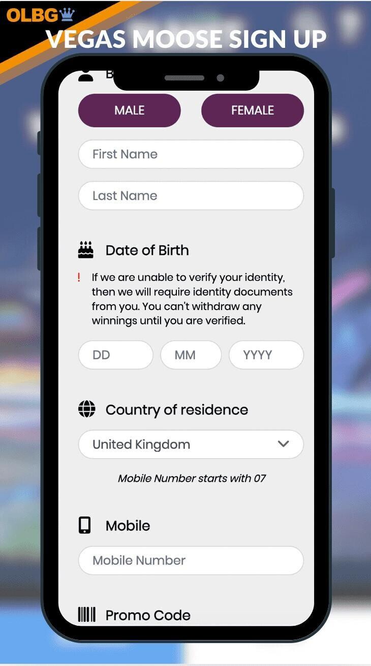 Registration page at Vegas Moose Casino