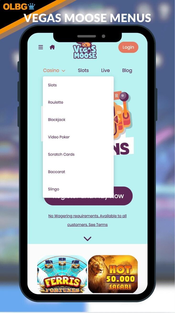 The menus at Vegas Moose Casino