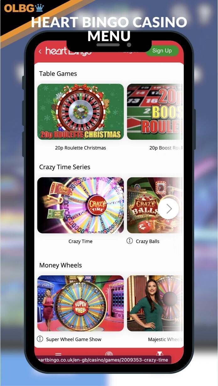A screenshot of the main menu at Heart Bingo Casino