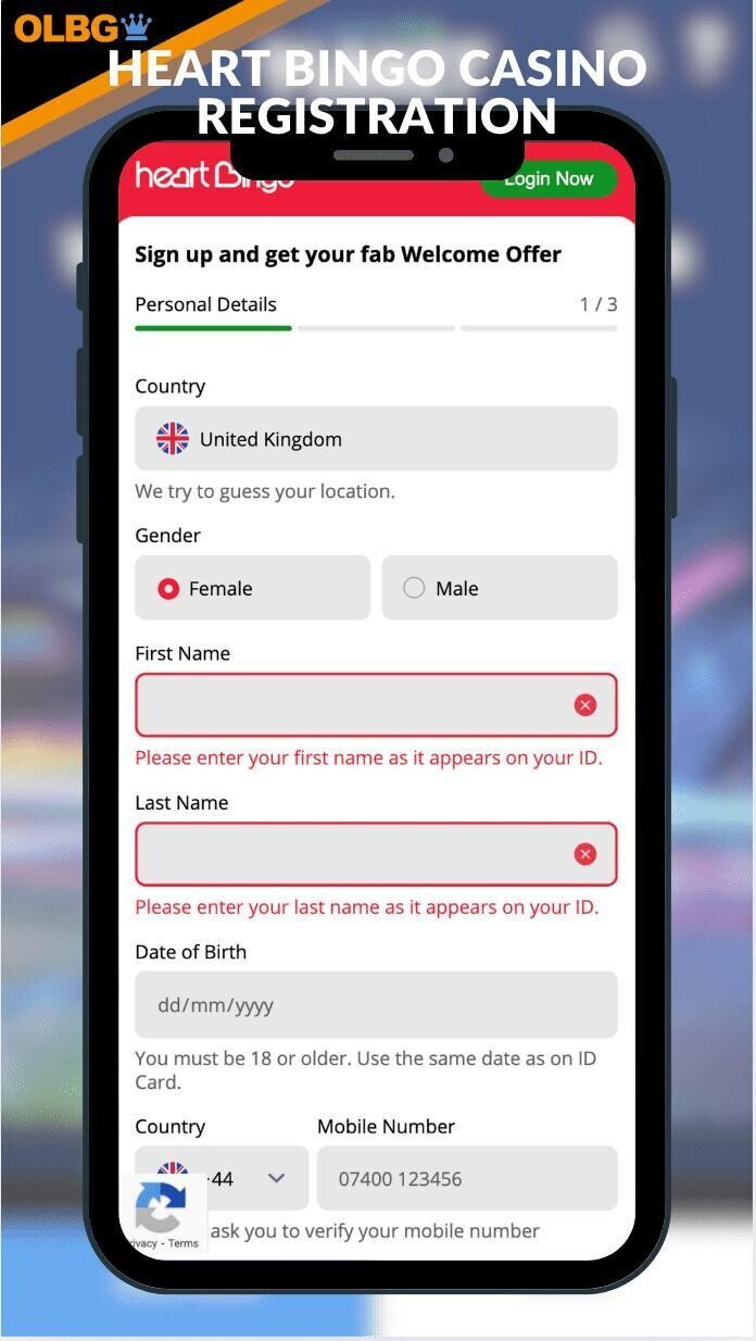 A screenshot of the registration process at Heart Bingo Casino