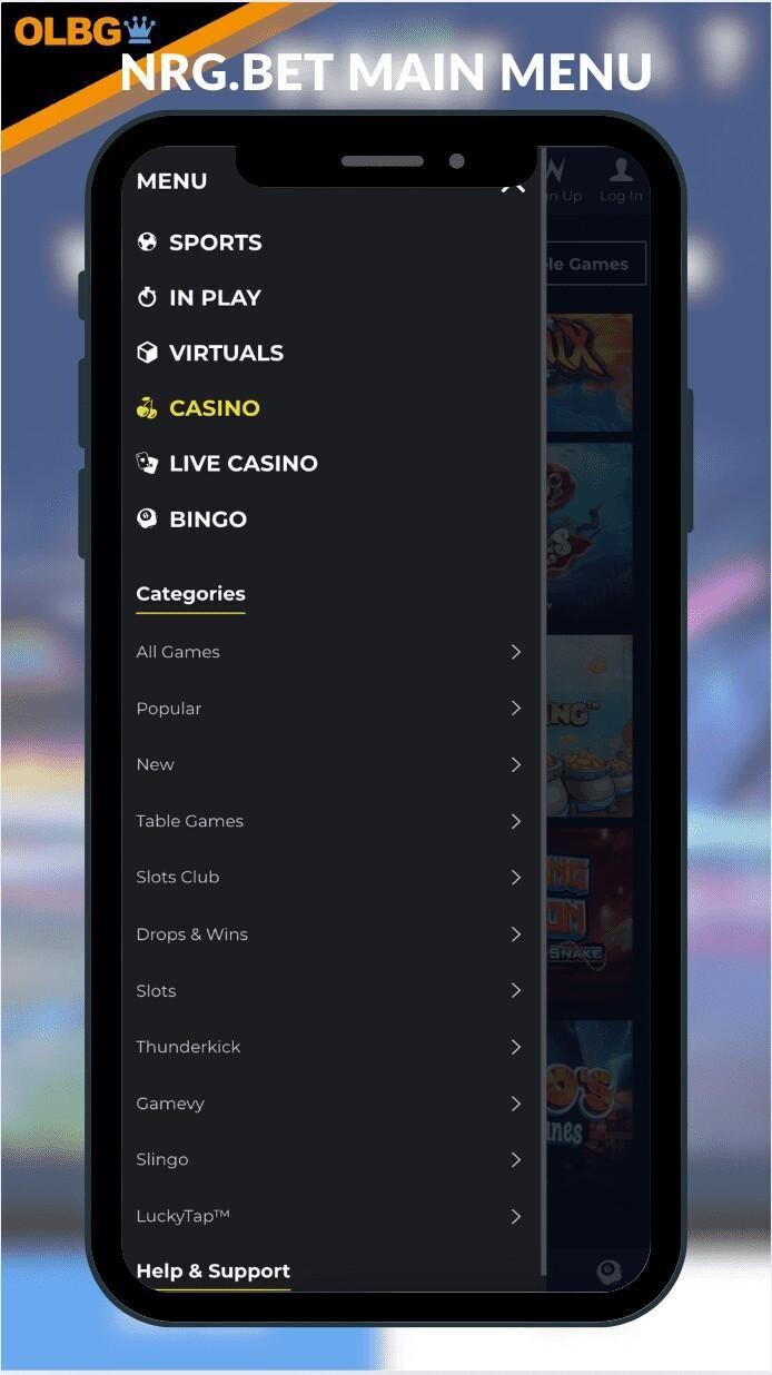 A screenshot of the NRG.Bet main navigation menu