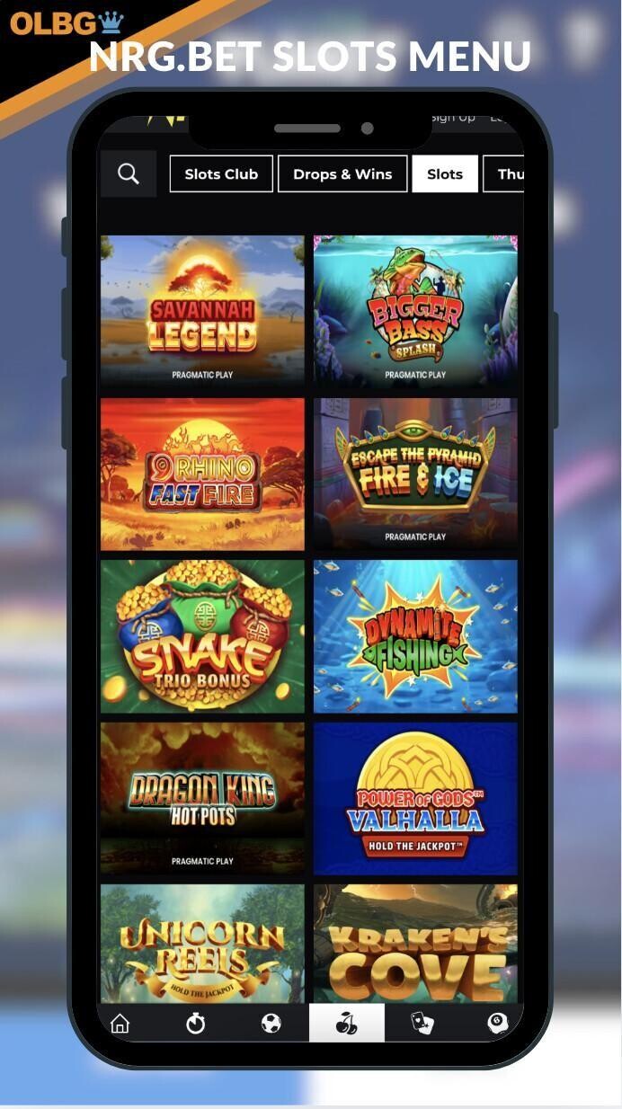 A screenshot of the NRG.Bet slots menu