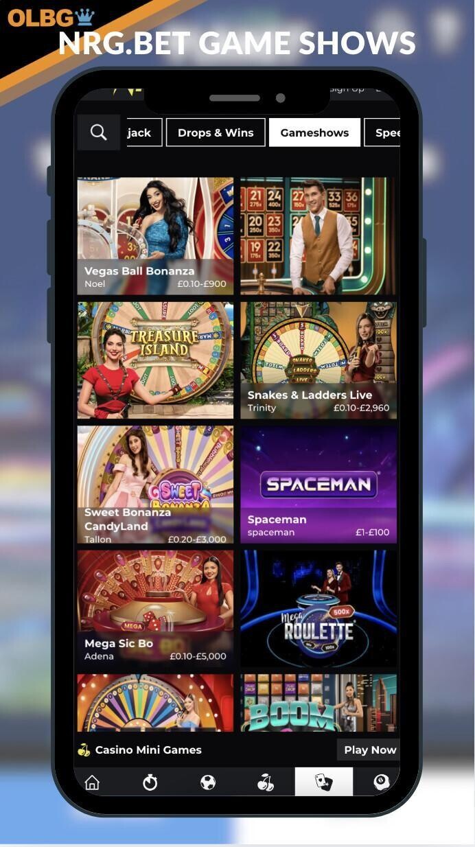 A screenshot of the NRG.Bet Casino game shows selection