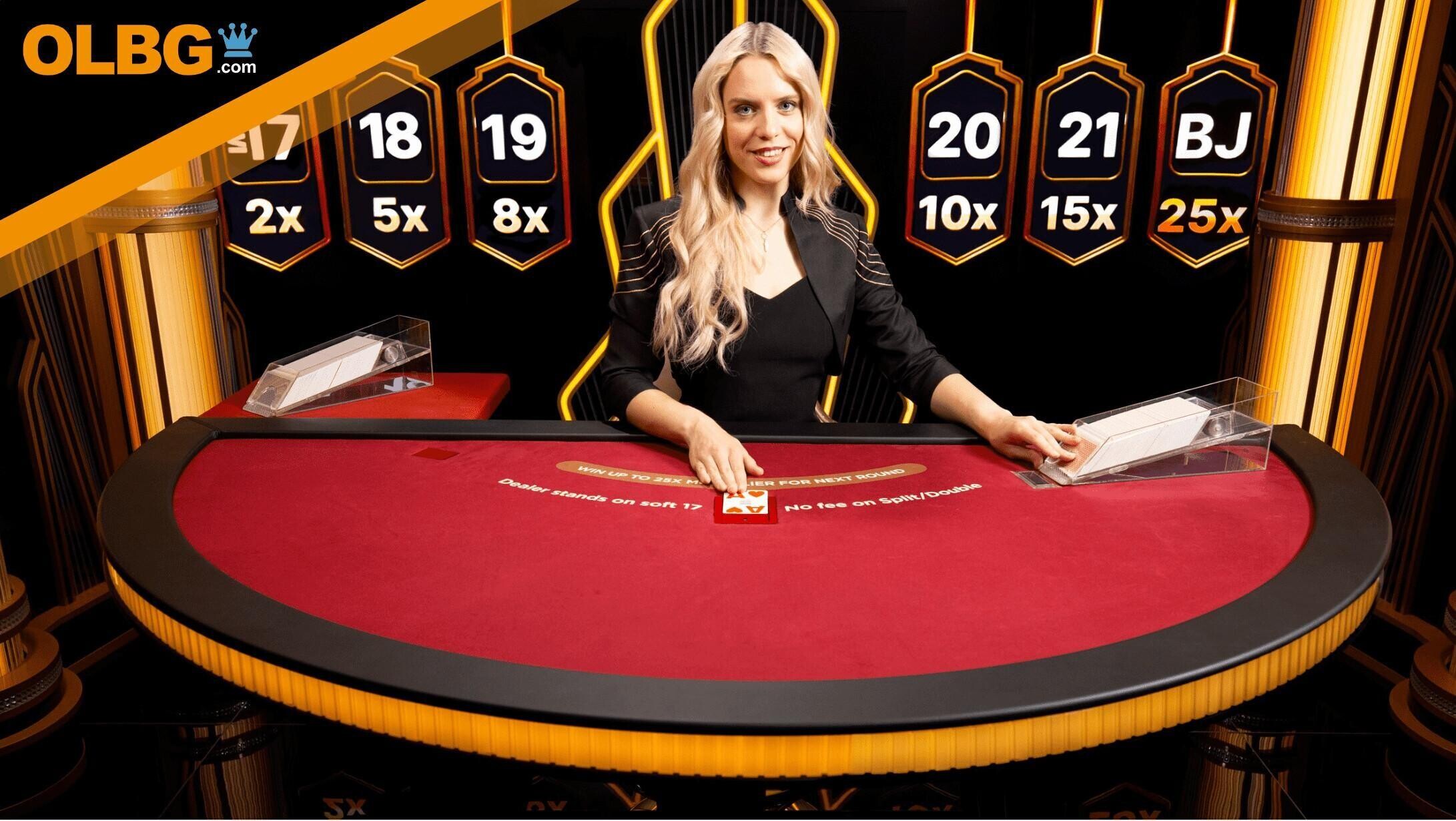 A Lightning Blackjack dealer table with a OLBG background