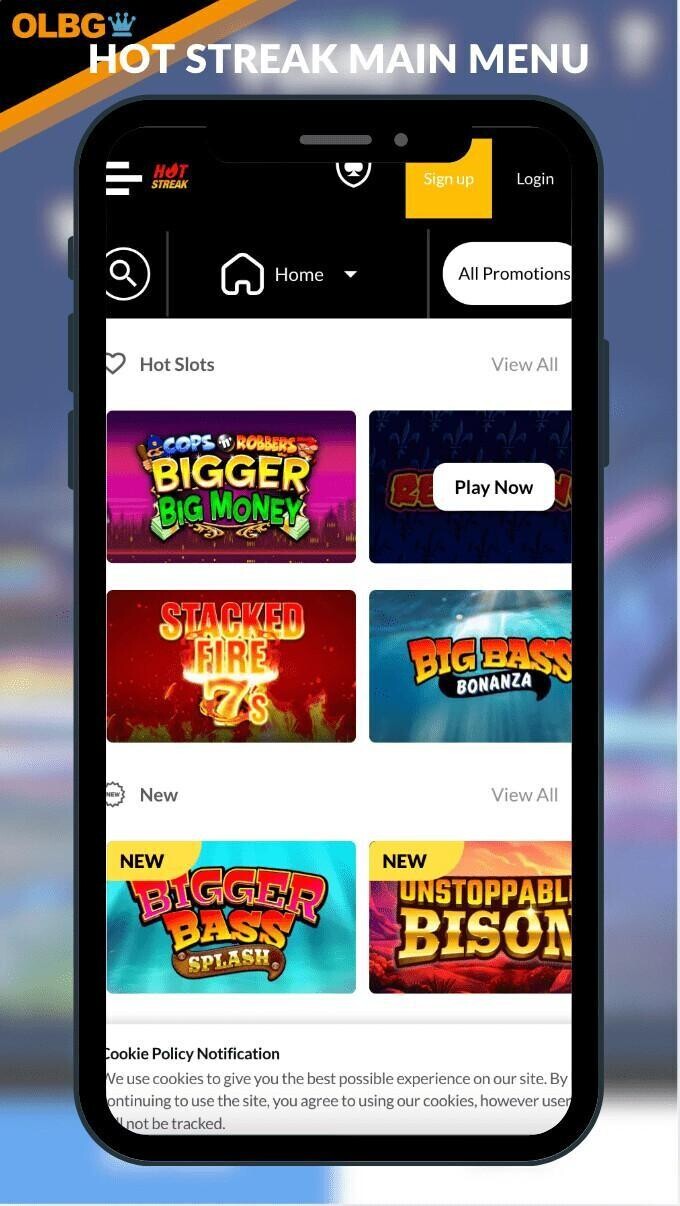 A screenshot of the Hot Streak Casino main menu