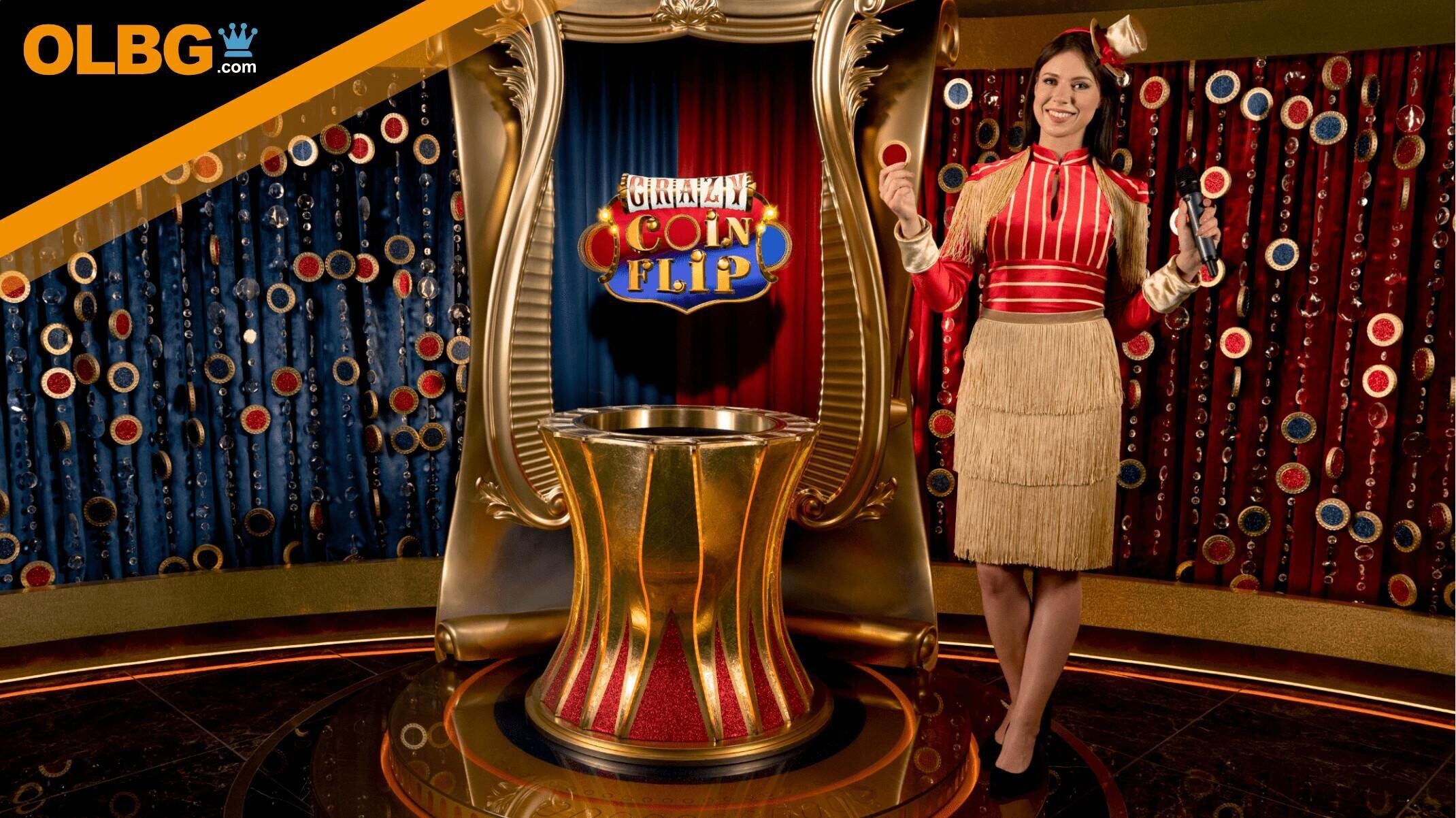 A screenshot of the host of Evolution's Crazy Coin Flip game