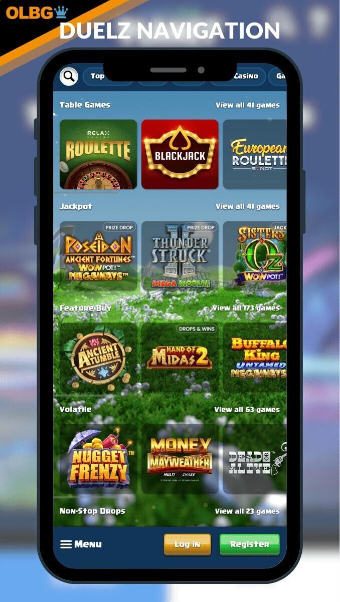Mobile screenshot of the Duelz Casino layout
