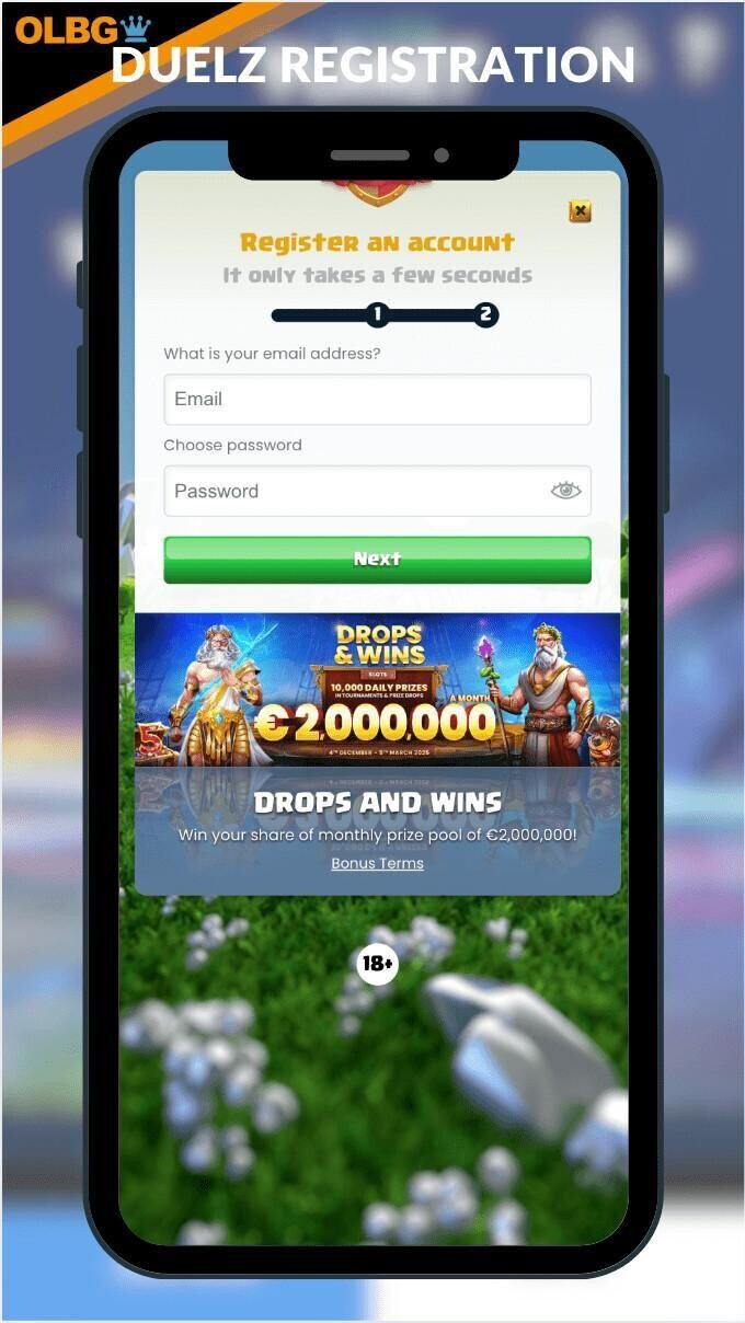 A screenshot of the Duelz Casino registration process