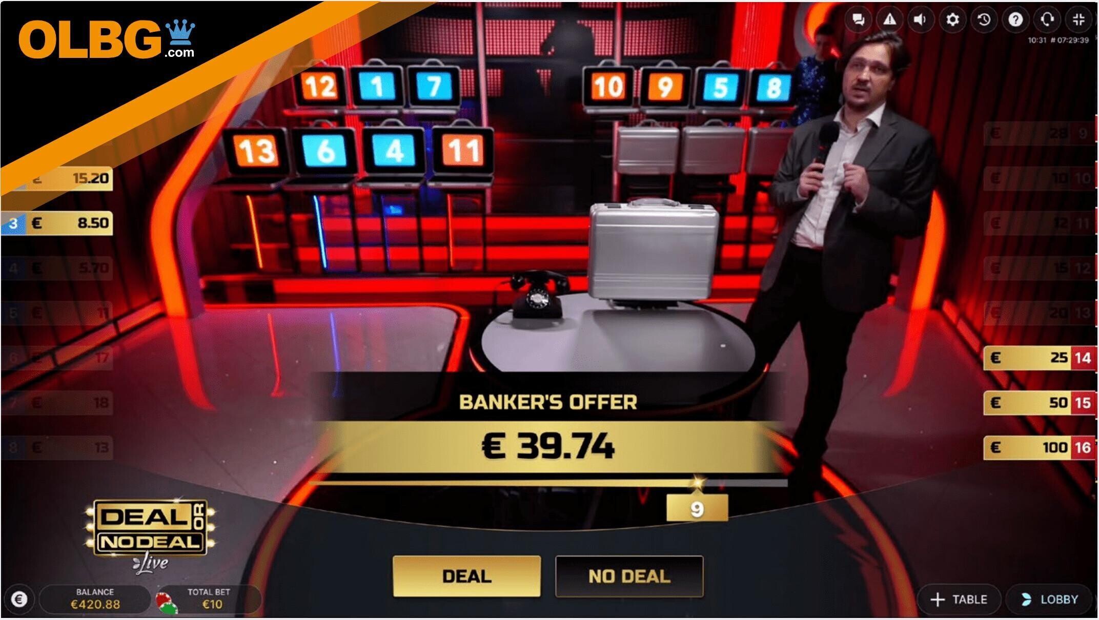 An OLBG-branded screenshot of the Deal or No Deal bonus round