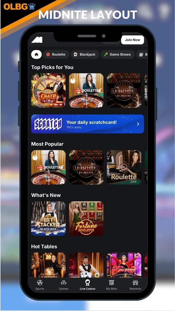 A mobile screenshot of the Midnite Casino layout