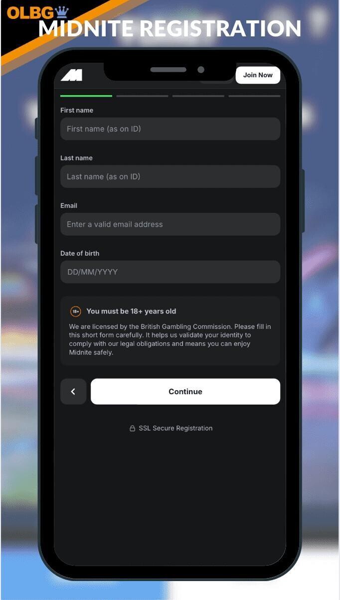 A mobile screenshot of the Midnite Casino registration process
