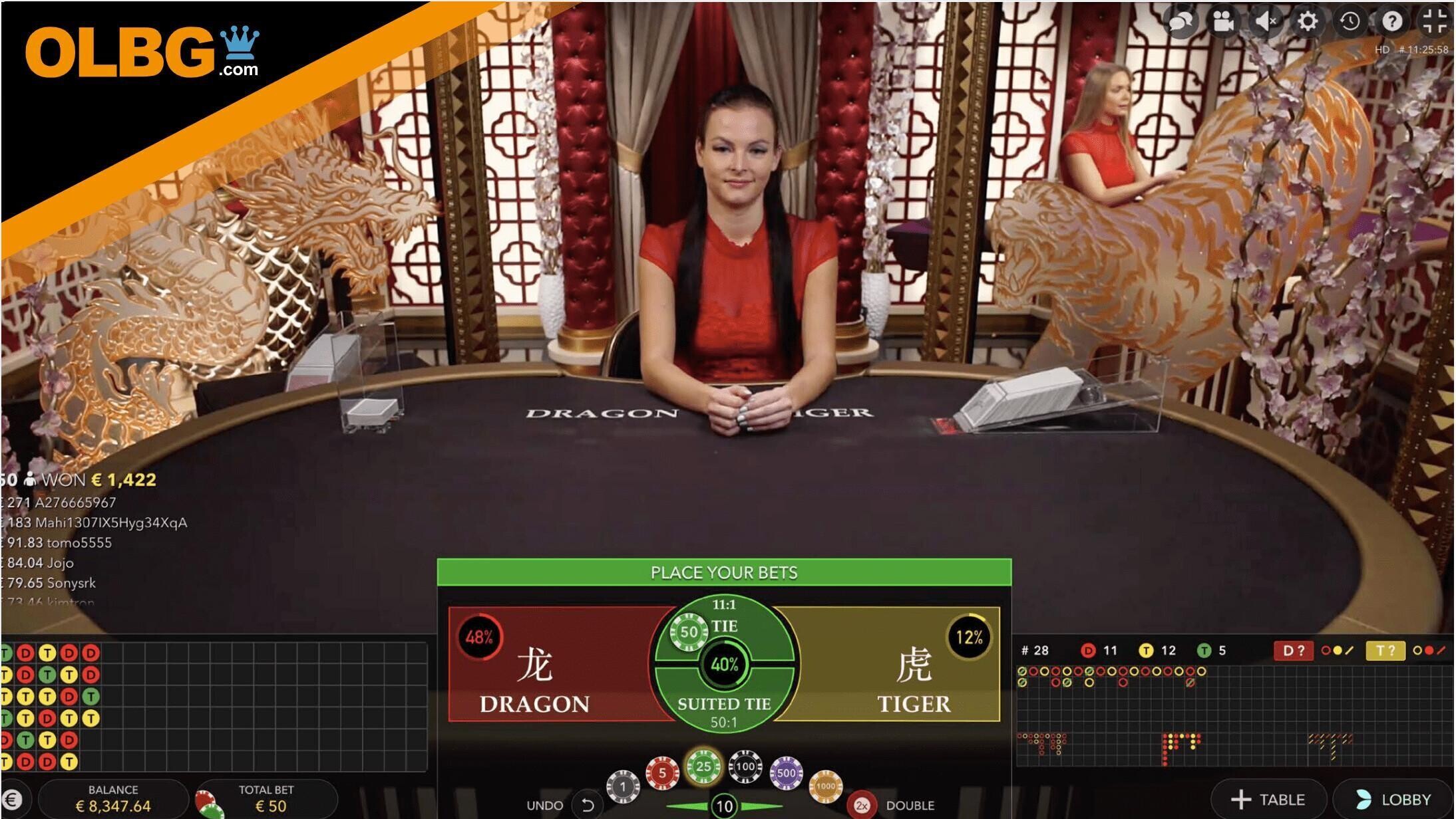 A screenshot of the gameplay at Evolution's Dragon Tiger Live