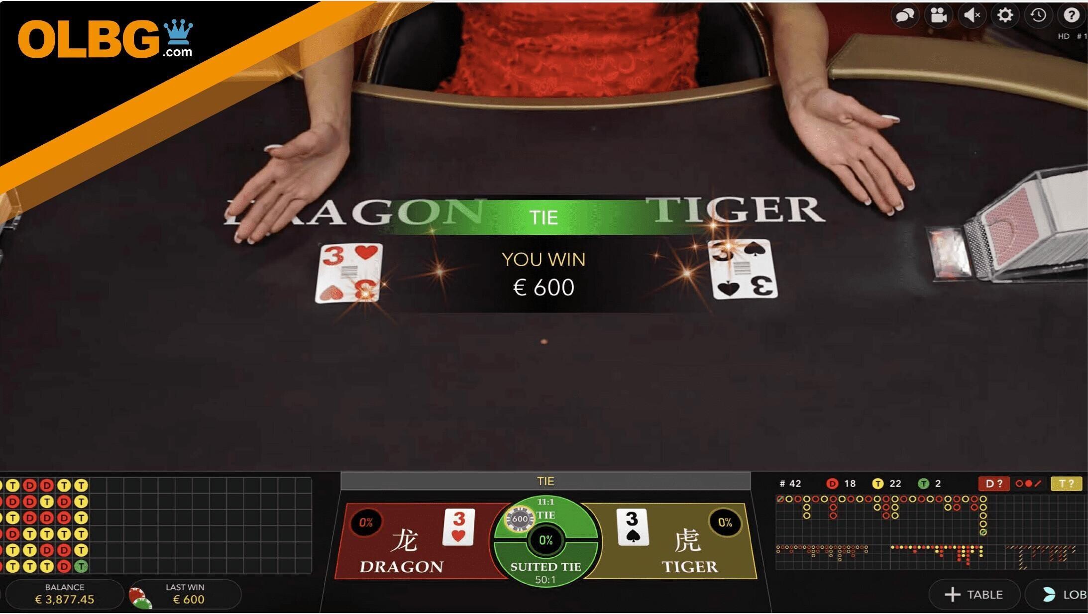 A screenshot of the conclusion of a hand at Evolution's Dragon Tiger Live