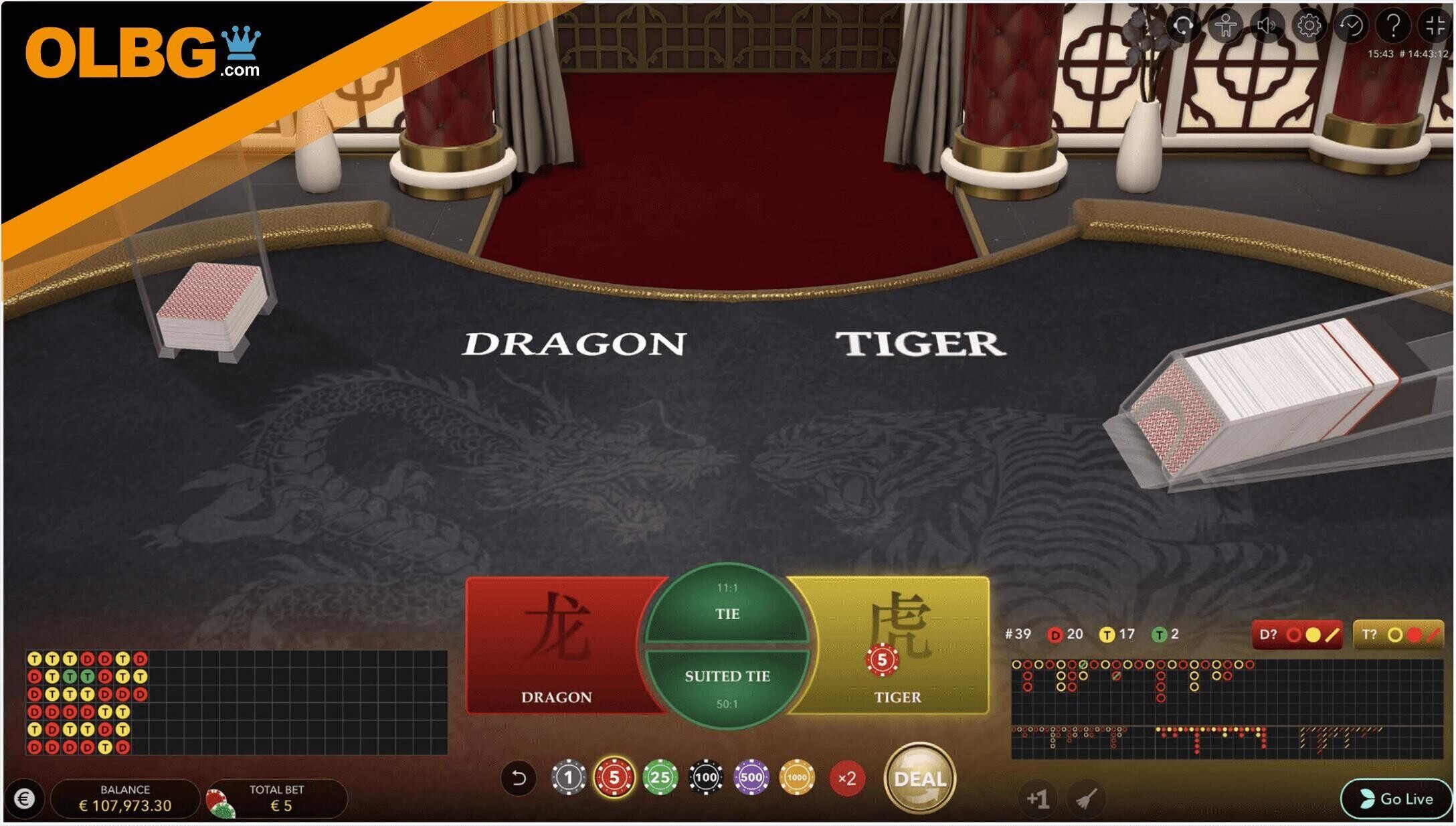 An in-play screenshot of Dragon Tiger Live by Evolution Gaming