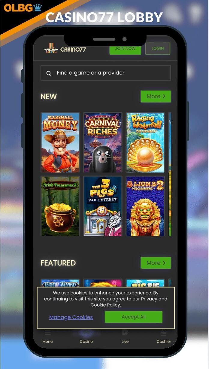 A screenshot of the main lobby at Casino77