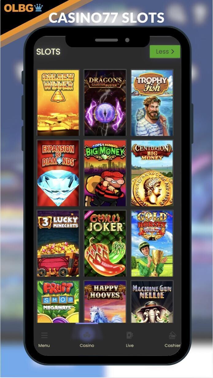A screenshot of the slots on offer at Casino77
