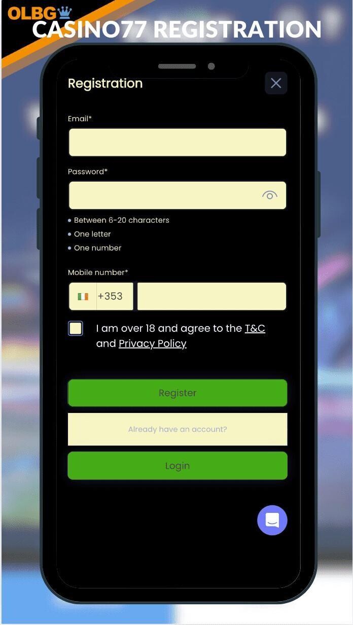 The registration page at Casino77
