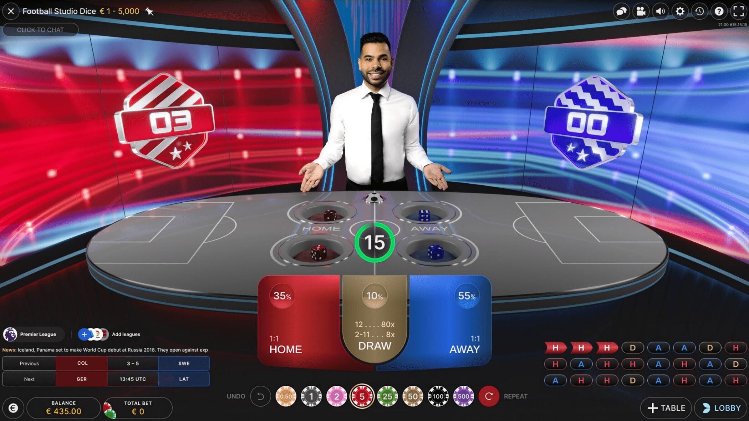 A screenshot of the gameplay at Football Studio Dice