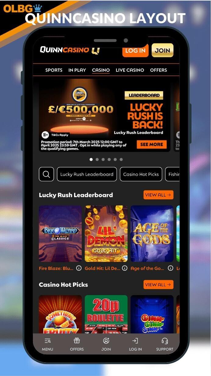 A screenshot of the QuinnCasino layout