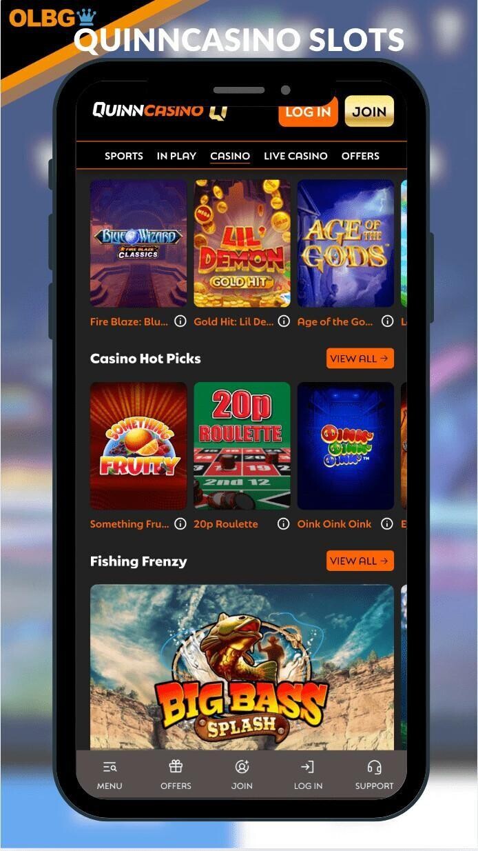 A branded screenshot of the slots collection at QuinnCasino