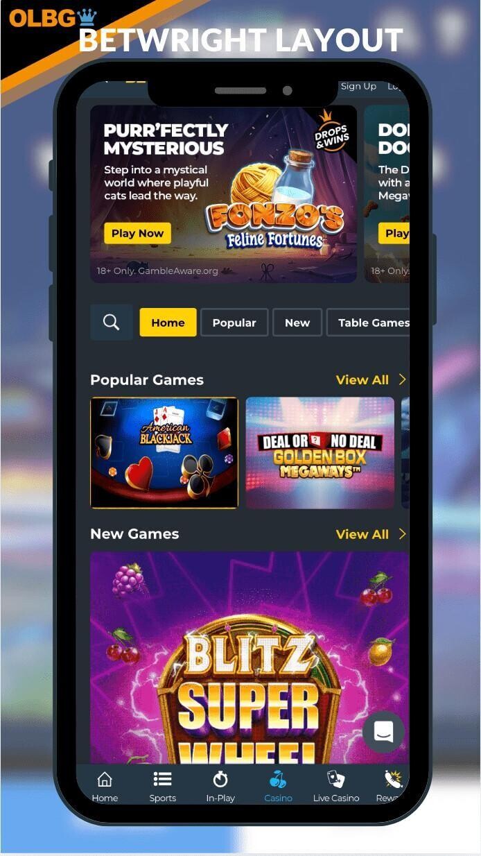 A view of the main lobby of BetWright Casino with OLBG branding