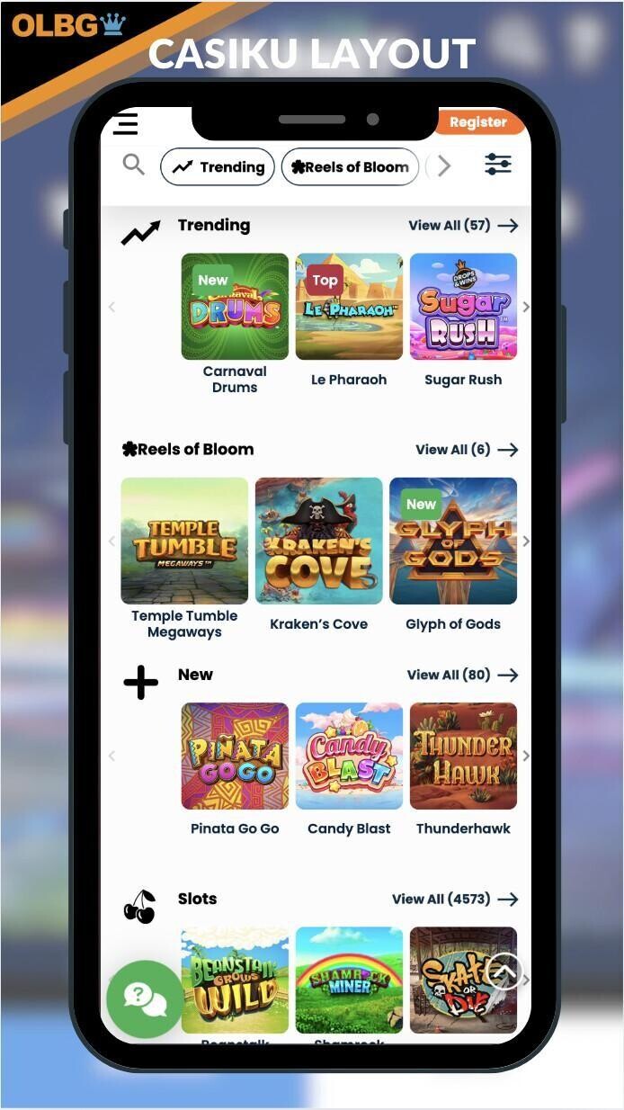 A screenshot of the general layout of Casiku Casino on a mobile device