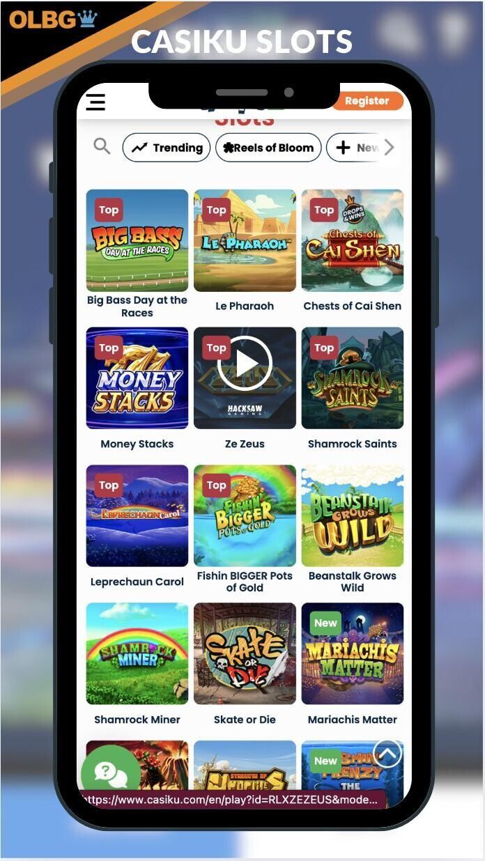 The slots selection at Casiku Casino from the mobile view