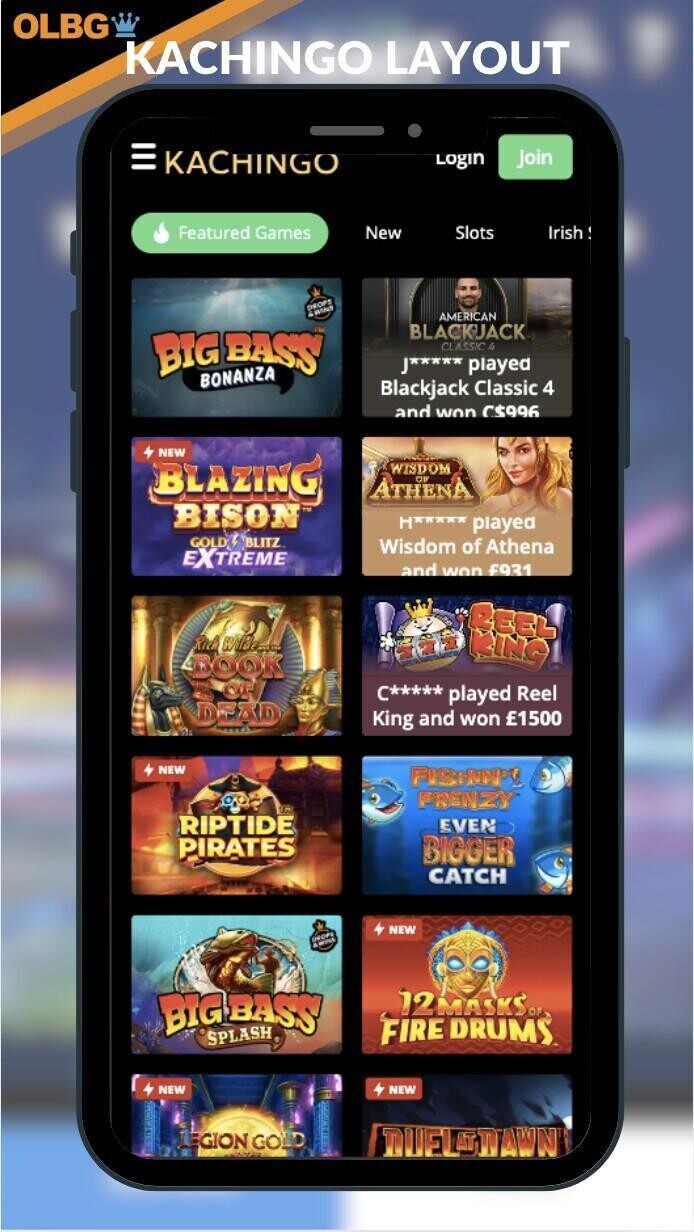 A mobile screenshot of the layout at Kachingo Casino