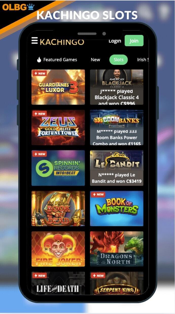 An OLBG-branded screenshot of the Kachingo slots section