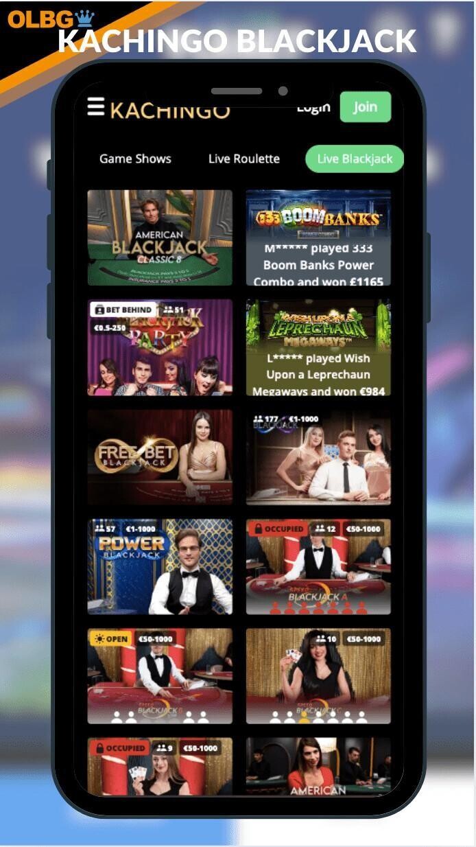An OLBG-branded screenshot of the Kachingo blackjack section