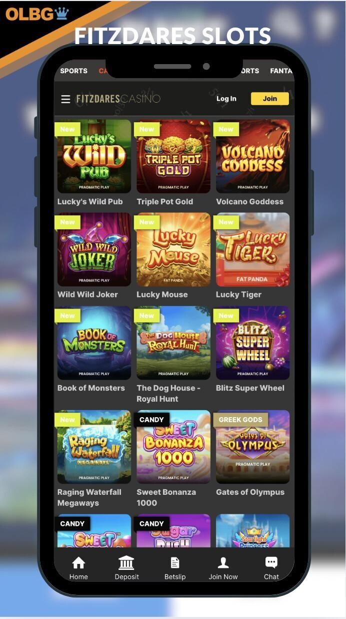 An OLBG branded screenshot of the slot games at Fitzdares Casinos