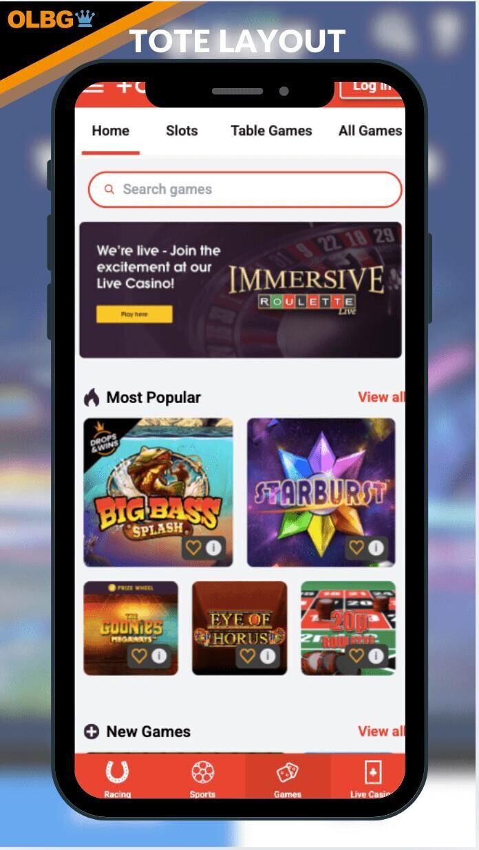 A screenshot of the general layout at Tote Casino