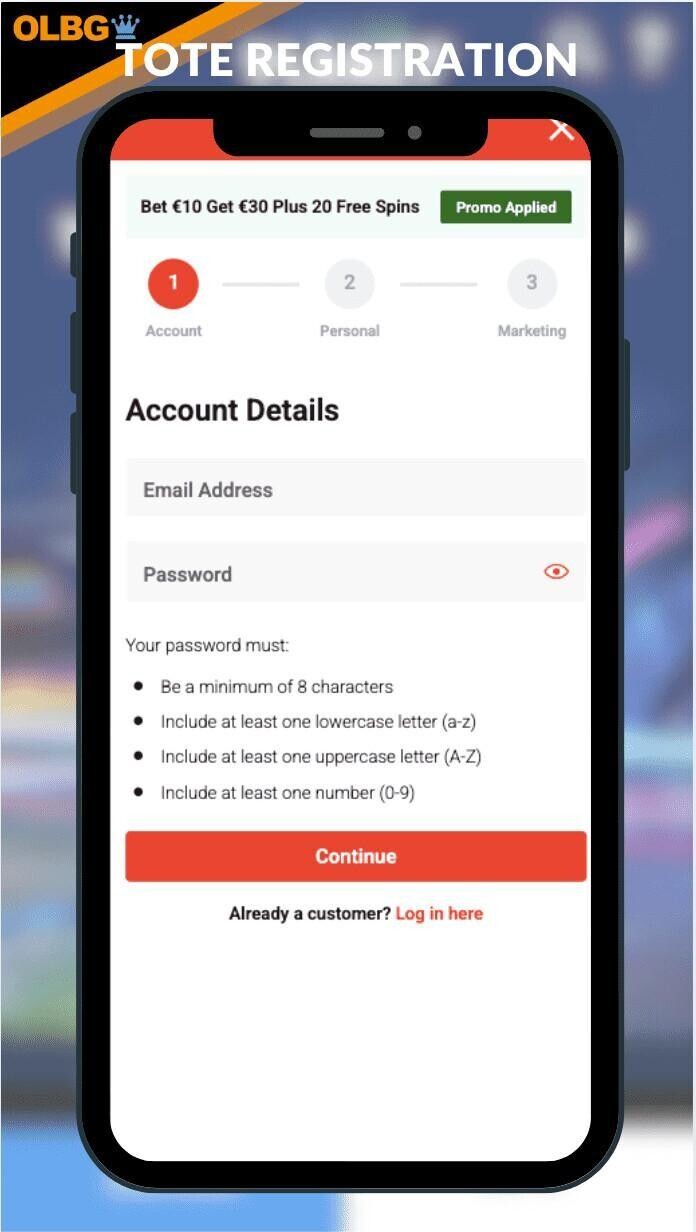 The sign up page at Tote Casino