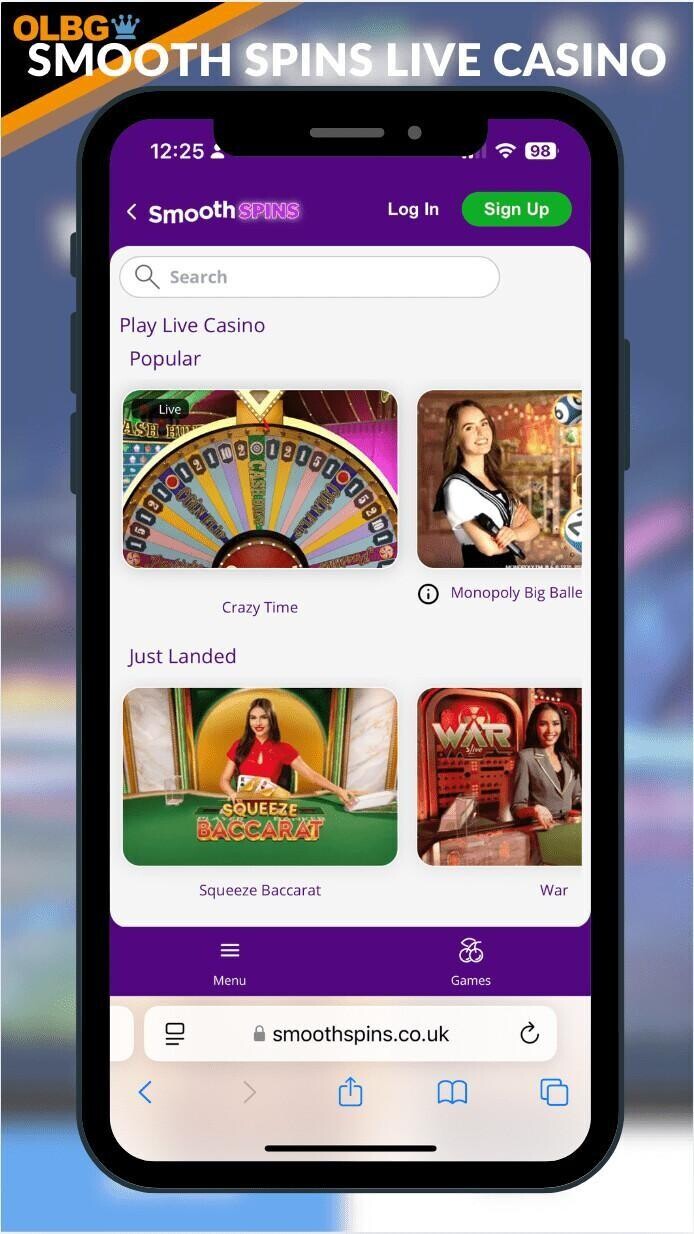 An OLBG-branded screenshot featuring the Smooth Spins Casino live casino collection