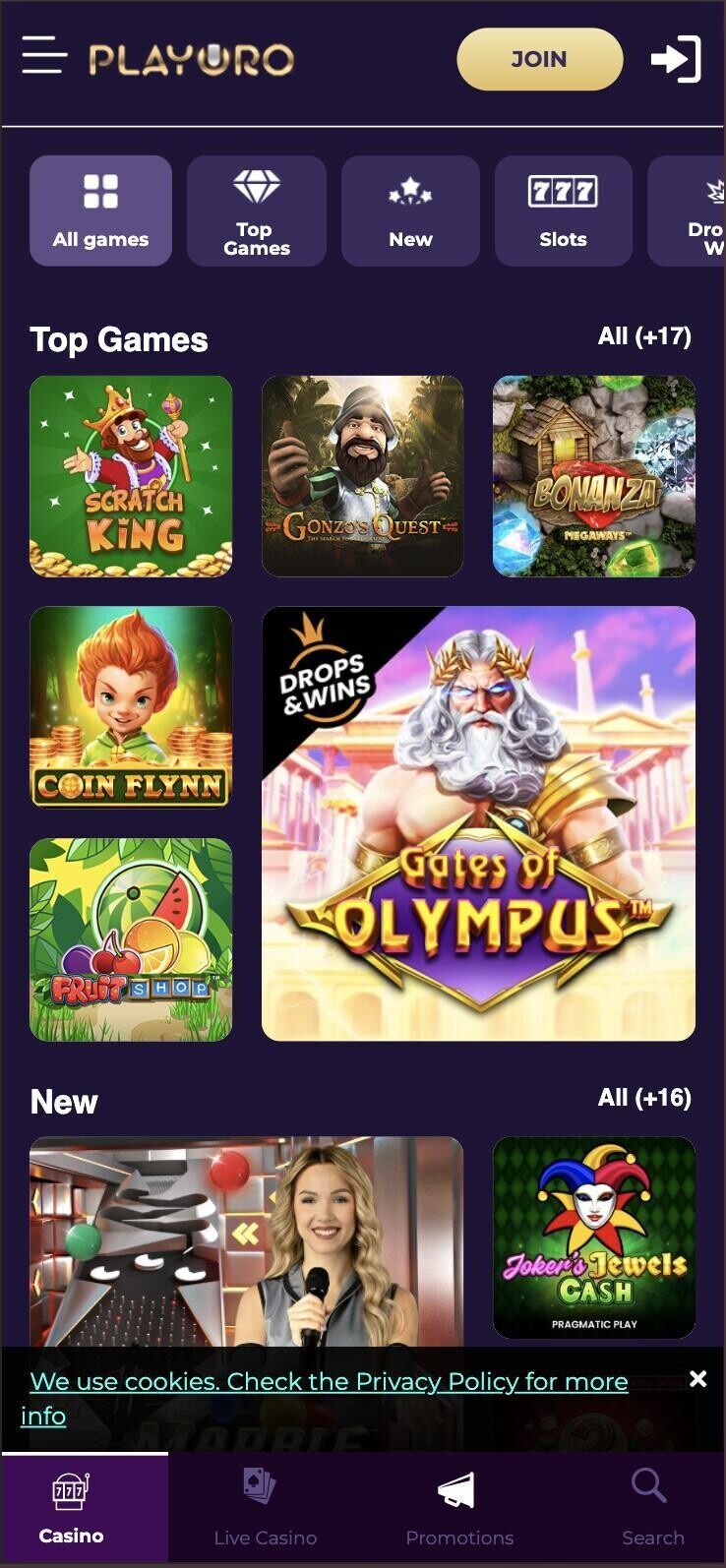 A screenshot of the PlayOro main lobby