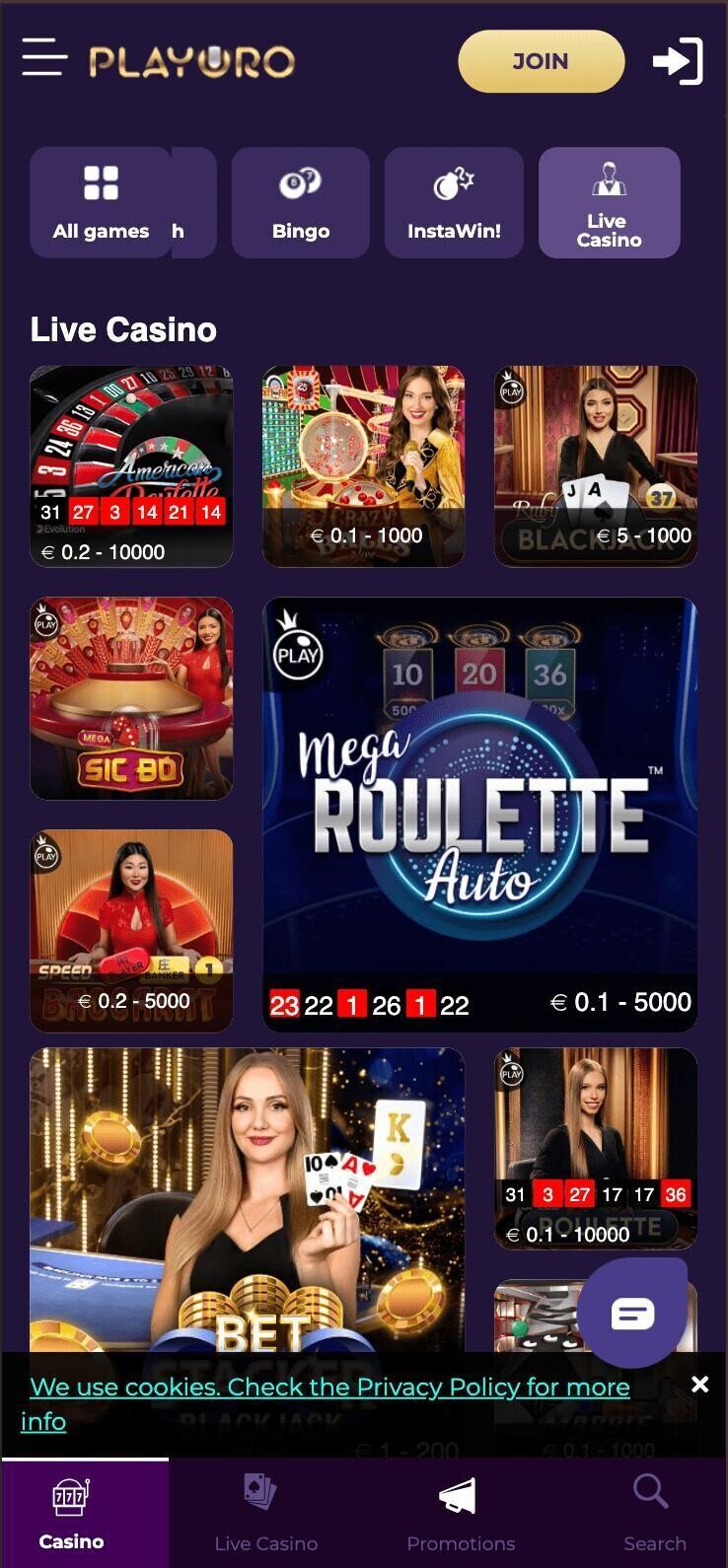 A screenshot of the PlayOro live dealer section