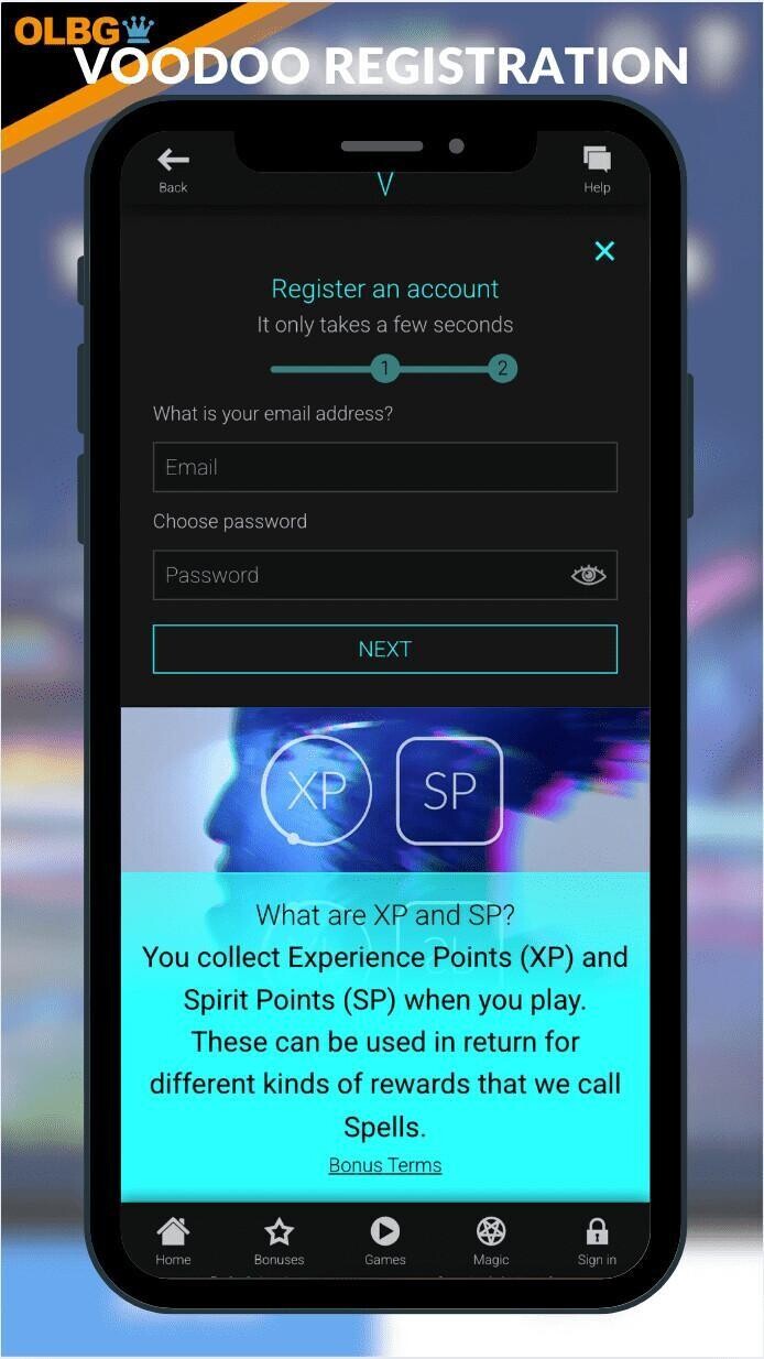A screenshot of the Voodoo Dreams registration page