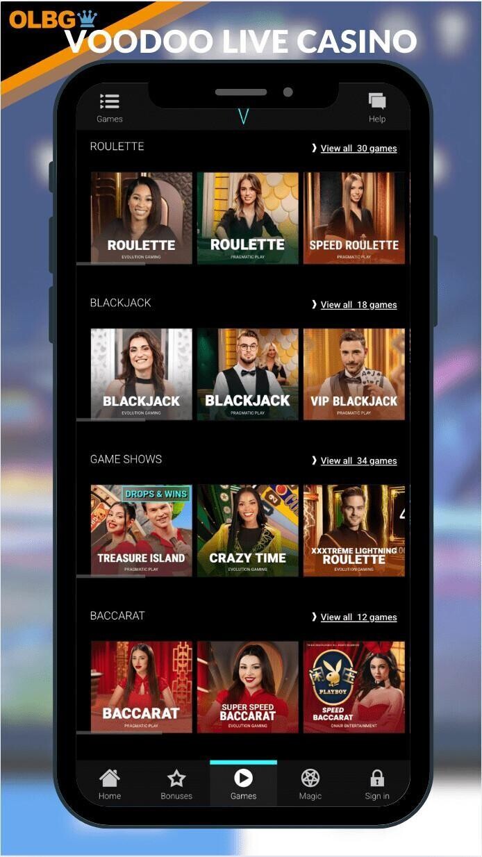 A screenshot of the Voodoo Dreams live casino section