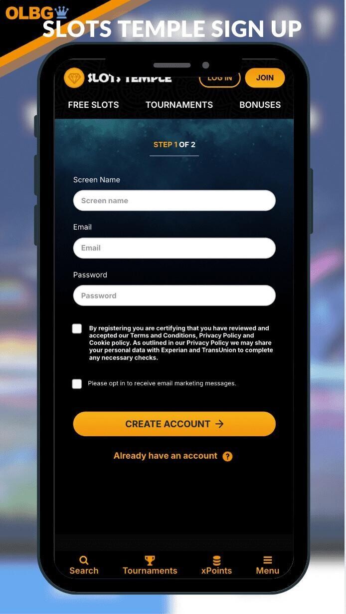 Slots Temple Casino sign up page