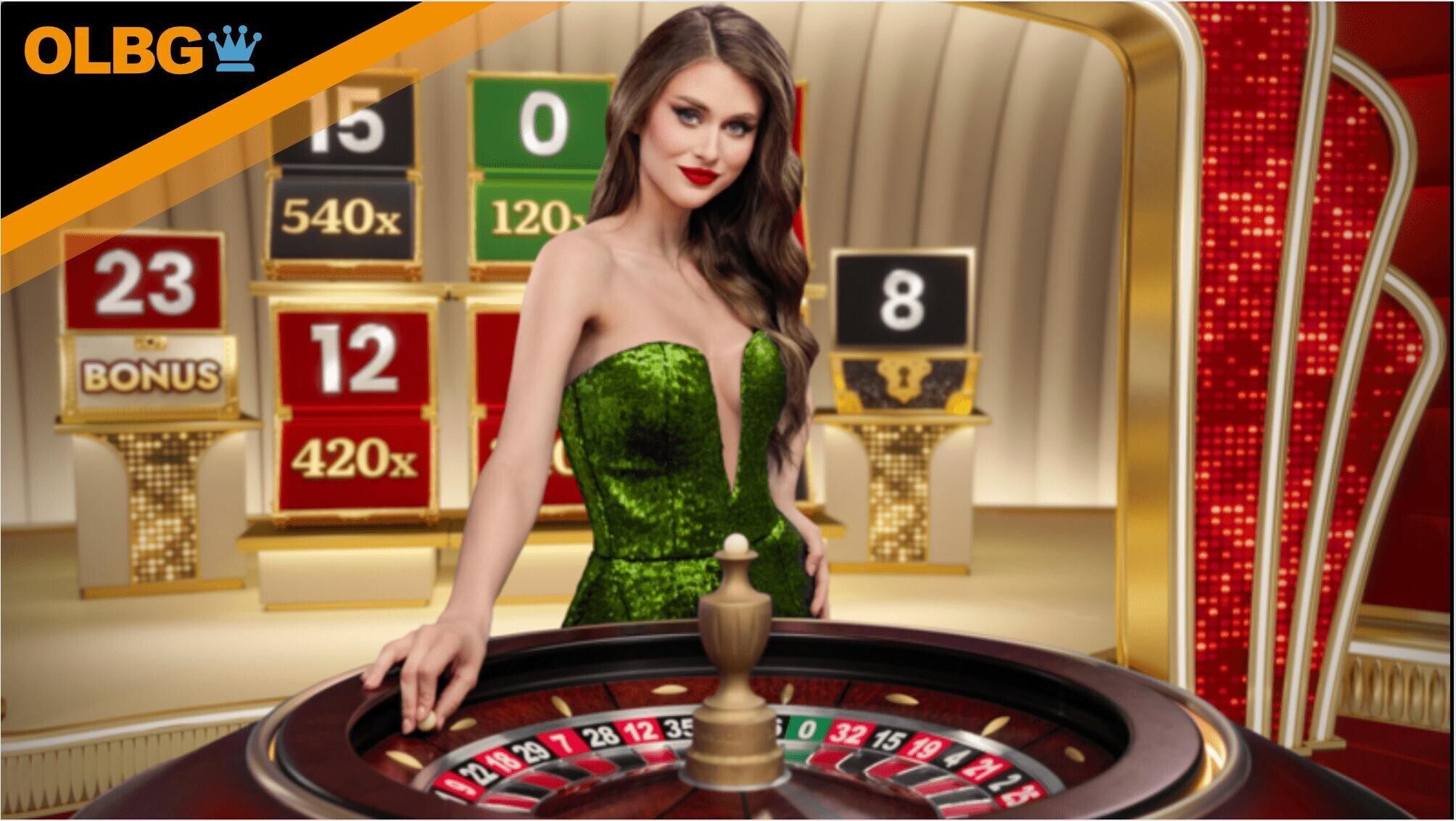 A female host at the table of Fortune Roulette by Pragmatic Play