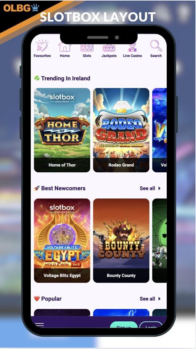 A mobile screeenshot of the general layout at Slotbox