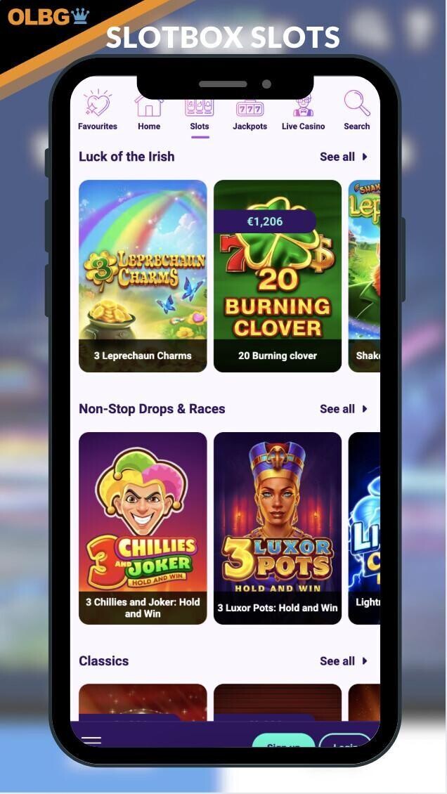 A mobile screeenshot of the slots section at Slotbox