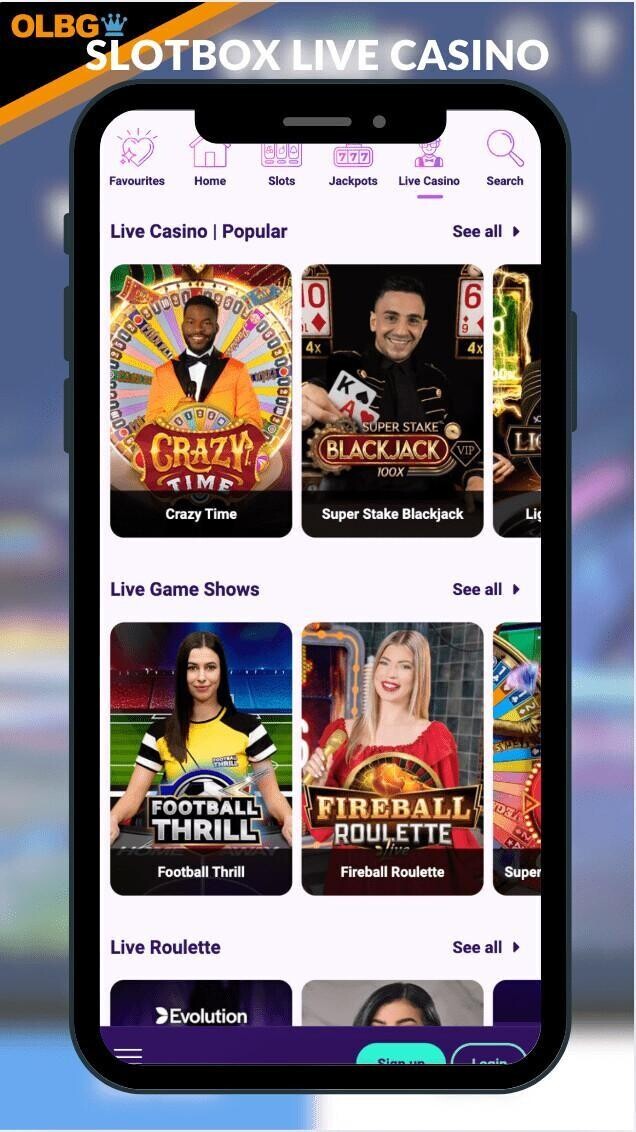 A mobile screeenshot of the live dealer section at Slotbox
