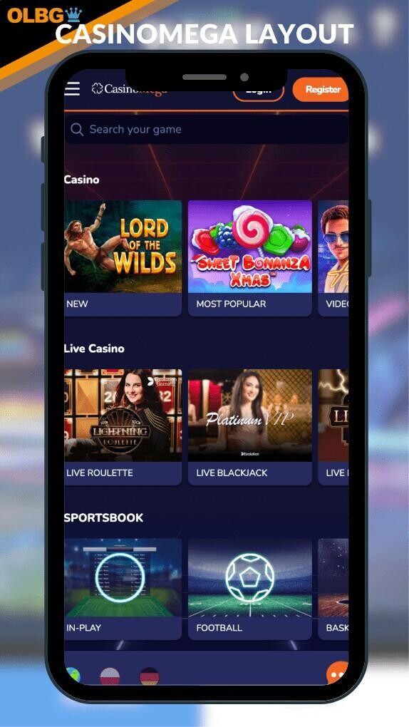 A mobile screenshot of the CasinoMega layout